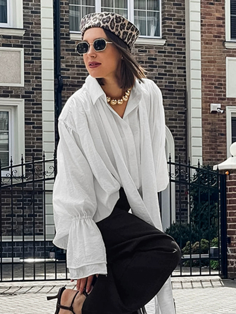 Forever 21 White Flared Sleeve Tie Blouse Spring Loose
